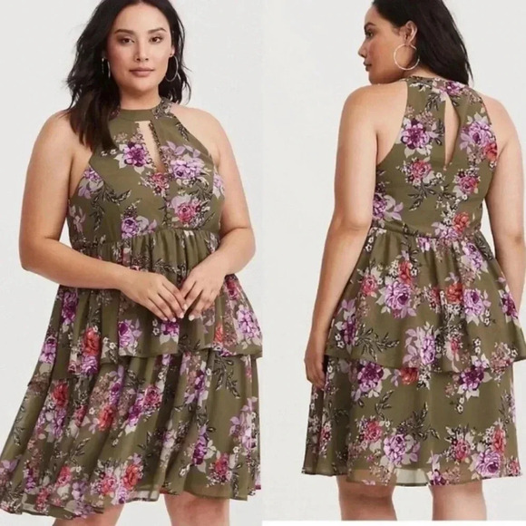 Torrid Olive Green Dress Purple Flowers Size 0 (12) - Picture 1 of 11